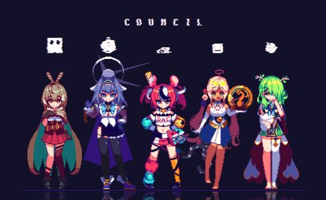 The Council | Hololive | Know Your Meme Pixel Characters, Art Perle, Cool Pixel Art, Pixel Art Characters, Pix Art, Pixel Art Games, Anime Pixel Art, Pixel Art Design, Manga Pictures