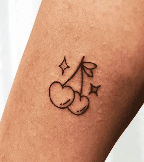 Small Simple Thigh Tattoos, Cherry Tattoo Small Simple, Tattoo Ideas Cherry, Cherry Tattoo Ideas, Tiny Cherry Tattoo, Cherry Tattoo Design, Imaginary Characters, Cherry Tattoo, Artsy Tattoos