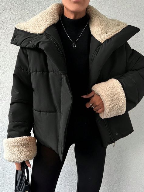 Women's Padded Jacket With Fur CollarI discovered amazing products on SHEIN.com, come check them out! Jacket With Fur Collar, Outerwear Women Winter, Best Winter Outfits, Jacket With Fur, Fleece Tights, Stylish Coat, Street Style Trends, Padded Coat, Midi Skirts