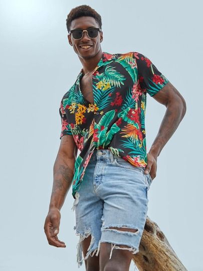 SHEIN Men Notched Collar Tropical Print Shirt | SHEIN USA Mens Tropical Outfits, Barbados Clothing, Funky Outfits Men, Carribean Vibes, Mens Vacation Outfits, Genderqueer Fashion, Summer Plant, Tropical Print Shirt, Summer Cocktail Party