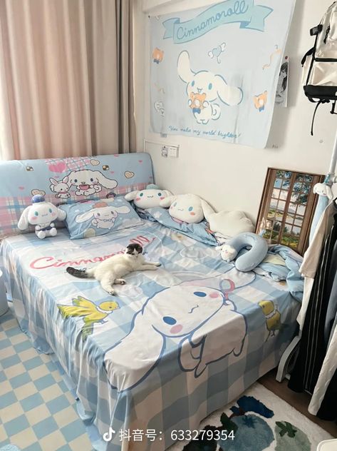 Cinnamon Roll Bedroom, Cinnamon Roll Room, Blue Room Inspiration, Sanrio Room Decor, Sanrio Bedroom, Sanrio Room, Hello Kitty Bedroom, Hello Kitty Bed, Easy Room Decor