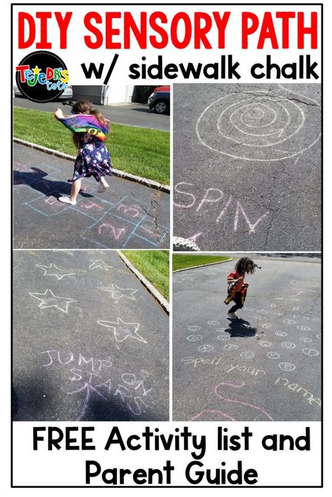 It can be hard to keep kids away from screens and active during this lock-down. Kids thrive with movement, so one way to encourage your students- or your own children- to move is to create an obstacle course, or a sensory path. Use these 3 steps to create your own sensory path! #kindergarten #1stgrade #2ndgrade #tejedastots Chalk Sensory Path, Sensory Pathways Outdoor, Sensory Path Outdoor, Sensory Walking Path In School, Chalk Obstacle Course For Kids, Sensory Circuits, Sidewalk Games, Sensory Hallway, Sensory Walk