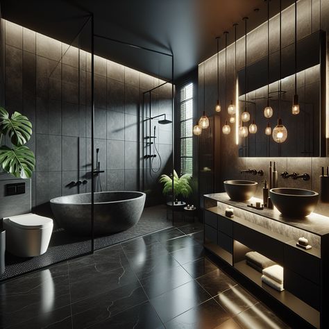 Step into a modern bachelor's bathroom, boasting black matte tiles, a stone bathtub, a large walk-in shower, and state-of-the-art technology. White marble vanity and warm pendant lights set amongst a monstera plant create a masculine yet luxurious haven. #LuxuryBathroom #BachelorPad #ModernDesign #BlackMatteTiles #StoneBathtub #HighTechHome Masculin Bathroom, Bachelor Bathroom, Industrial Penthouse, Dark Modern House, White Marble Vanity, Matte Tiles, Masculine Bathroom, Modern Luxury Bathroom, White Bedroom Design