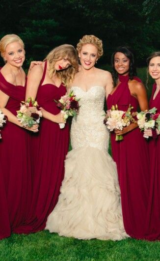 Taylor Swift And Abigail Anderson, Abigail Anderson, Celebrity Wedding Gowns, Taylor Swift Dress, Burgundy Bridesmaid Dresses, Affordable Dresses, Red Taylor, Bride Clothes, Taylor Swift Style