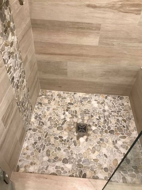 Light wood grain tile with pebble flooring Wood Tile Shower, Pebble Shower Floor, Wood Grain Tile, Wood Tile Bathroom, Tile Design Ideas, Pebble Floor, Bathroom Farmhouse Style, Bathroom Remodel Tile, Bathroom Redesign