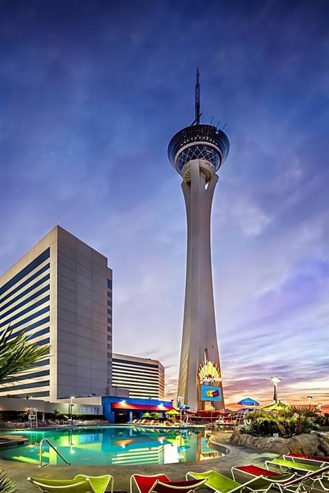 Picture of a pool and the strat in Vegas in the background Monte Carlo Travel, Las Vegas Travel Guide, Golden Knights Hockey, Las Vegas Airport, Gate Decoration, Las Vegas Casino, Vegan Wedding, Las Vegas Blvd, Las Vegas Usa