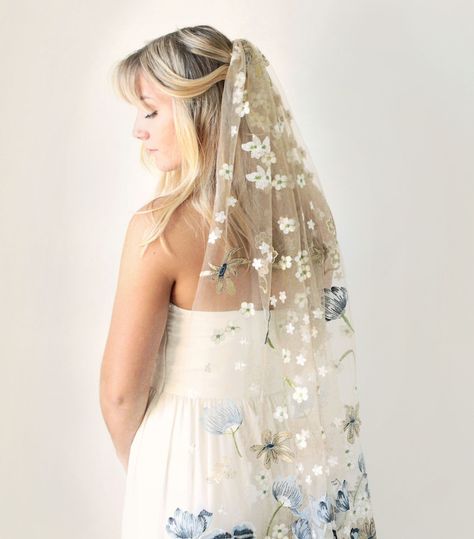 Blue Bell Blossom Veil Embroidered Veil Bridal Veil Unique - Etsy Australia Bridal Veil With Flowers, Short Embroidered Veil, Blue Floral Veil, Blue Floral Wedding Dress, Port Renfrew, Veil With Flowers, Veil Inspiration, Unique Wedding Veils, Veil Ideas