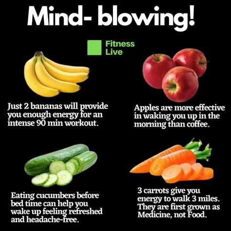 👉🏻 Just 2 bananas will provide you enough energy for an intense 90 min workout. 👉🏻 Apples are more effective in waking you up in the morning than coffee. 👉🏻 Eating cucumbers before bed time can help you wake up feeling refreshed and headache-free. 👉🏻 3 carrots gives energy to walk 3 miles. They are first grown as MEDICINE, not FOOD. Food facts // nutrition facts // fruit facts // healthy fruits #healthyfoods #fruits #fruitislife #healthyfruits #fruitnutrition Fruit That Gives You Energy, Best Fruits To Eat In The Morning, Healthiest Fruits To Eat, Fruit Meanings, Carrot Nutrition Facts, Best Fruits To Eat, Fruit Facts, Fruit Fast, Fruit Nutrition