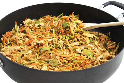 (NEW RECIPE) No noodles or rice needed in this wonderfully tasty stir-fry! Instead, it’s loaded with good-for-you broccoli slaw, cabbage, plus chicken and other veggies - 8 points Recipes Stir Fry, Asian Peanut Sauce, Vegan Coleslaw, Weight Watchers Chicken, Ww Points, Broccoli Slaw, Slaw Recipes, Stir Fry Recipes, Peanut Sauce