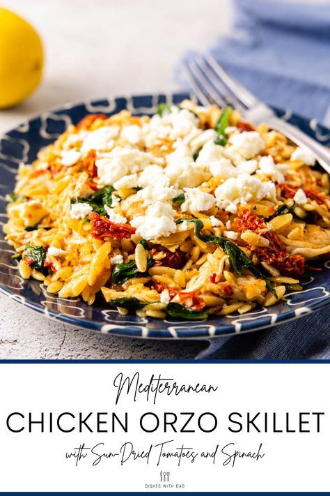 This Mediterranean chicken orzo is a delicious one pan dinner featuring marinated lemon chicken, sun-dried tomatoes, and spinach. It's all combined with orzo pasta and topped with feta cheese for a well balanced meal in just 30 minutes. Chicken Spinach Feta Orzo Pasta, Chicken Feta Orzo Recipes, Orzo Feta Recipes, Mediterranean Chicken And Orzo, Cooking Orzo, Mediterranean Chicken Orzo, Feta Orzo, Mediterranean Orzo, Awesome Chicken