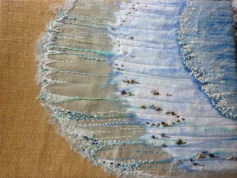 Slow Stitching Beach, Slow Stitch Beach Scene, Ocean Textile Art, Seascape Textile Art, Seascape Embroidery, Textile Seascapes, Beach Textiles, Ocean Textiles, Landscape Textiles