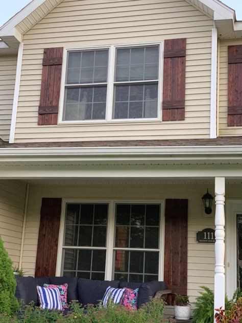 Yellow House With Wood Shutters, Brown Shutters, Reclaimed Wall Art, Shutters Window, Window Shutters Exterior, Farmhouse Shutters, Tan House, Outdoor Shutters, Rustic Shutters