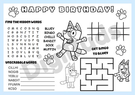 Bluey Birthday Activity Sheet, Kids Birthday Coloring Sheet, , Birthday, Bluey Birthday Coloring Sheet, Printable Bluey Birthday Activity For Kids, Bluey Birthday Party Activity Sheet * PLEASE NOTE THIS IS A DIGITAL DOWNLOAD AND NOT A PHYSICAL INVITATION. No activity sheet will be shipped. Size: 8.3 x 11.7 inches (A4 paper) Bluey Activities For Kids, Bluey Party Activities, Bluey Activities, Princess Birthday Party Invitations, Bingo Funny, Birthday Activities, Birthday Party Activities, Printable Activities For Kids, Princess Birthday Party