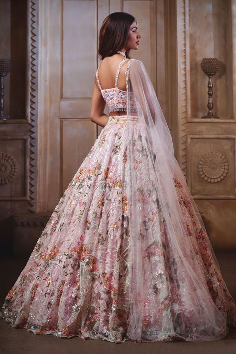 Buy Pink Net Hand Embroidered Floral Patterns V Neck Lehenga Set For Women by Label Priyanka Kar Online at Aza Fashions. Flared Lehenga, Sweet 16 Outfits, Simple Lehenga, Trendy Outfits Indian, Wedding Lehenga Designs, Lehenga Designs Simple, Indian Bride Outfits, Traditional Indian Dress, Indian Dresses Traditional