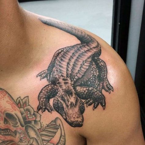 Man With Amazing Black Alligator Tattoo On Shoulders Chest Arm Tattoo, Gator Tattoo, Alligator Tattoo, Crocodile Tattoo, Hawaiian Tattoo, Shark Tattoos, Red Tattoos, Traditional Tattoo Flash, White Tattoo