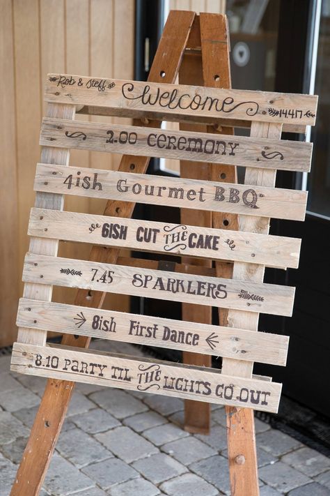 Wooden, rustic beach wedding. Handmade pallet order of service/order of ceremony. Hand drawn Sharpie art. Wedding Signage Pallet, Neutral Wedding Colors Champagne, Wedding Ceremony Order Of Events, Ceremony Order Of Events, Wedding Ceremony Order, Diy Wedding Flower Centerpieces, Ceremony Order, Burgundy Wedding Centerpieces, Order Of Ceremony