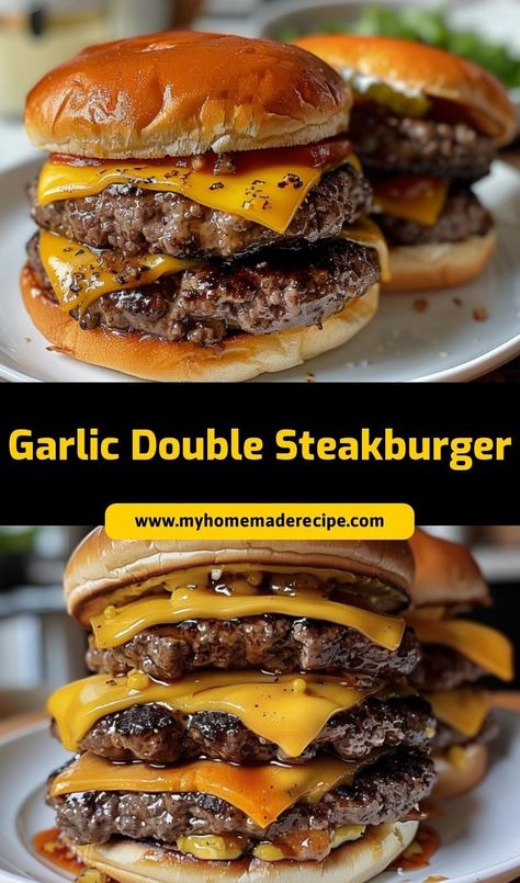 If you love burgers, you need to try the Steak and Shake Garlic Double Steakburger. These burgers have perfectly seasoned double patties, melted cheese, and buns toasted with garlic butter. Whether you’re grilling outside or cooking in the kitchen, this recipe will bring a restaurant-quality burger to your table. Add your favorite toppings and enjoy a delicious meal. Grilled Burgers Recipes, Hamburger Recipes Burgers, Garlic Butter Burger, Burger Sides Dishes, Garlic Burger Recipe, Steakhouse Burger Recipe, Burger Topping Ideas, Butter Burger Recipe, Hamburgers Recipes