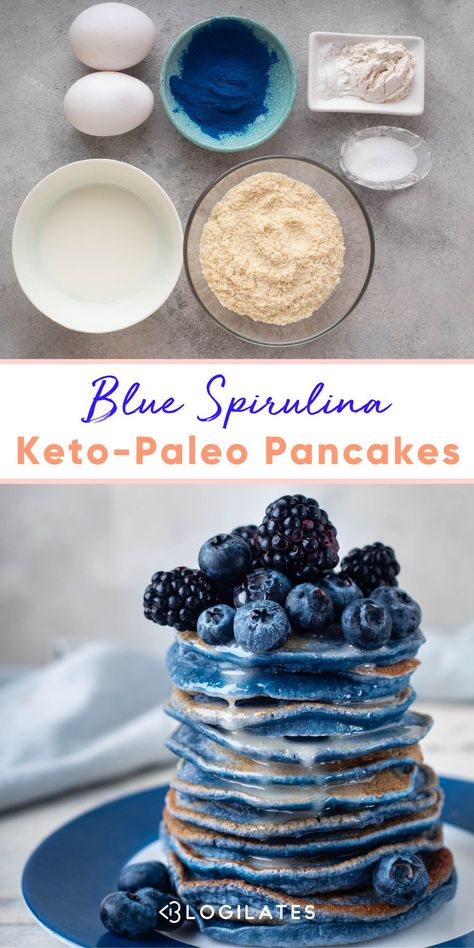 Blue Spirulina Recipes, Spirulina Pancakes, Superfood Pancakes, Pancakes Photography, Blue Pancakes, Blue Pancake, Paleo Pancake Recipe, Almond Milk Smoothie Recipes, Spirulina Recipes