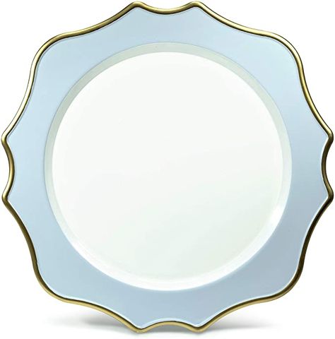 Gorgeous chargers from Amazon | " OCCASIONS" 10 pcs Round 13'' Round Acrylic Plastic Wedding Chargers, Dinner Party Decoration Charger Plates (Scalloped Light Blue and Gold): Charger & Service Plates Wedding Chargers, Plastic Plates Wedding, Cabinet Plates, Charger Plates Wedding, Formal Table Setting, Dinner Party Decorations, Gold Chargers, Light Blue Wedding, Silicone Mat