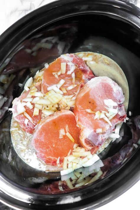 How to cook frozen pork chops in Crock pot is here! Cooking frozen meat in slow cooker works great and comes out fork tender every time. Recipes With Ground Sausage, Pork Chops In Crock Pot, Slow Cook Pork Chops, Frozen Pork Chops, Cooking Frozen Pork Chops, Easiest Meals, Pork Chops And Rice, Burrito Casserole, Pork Chop Recipes Crockpot