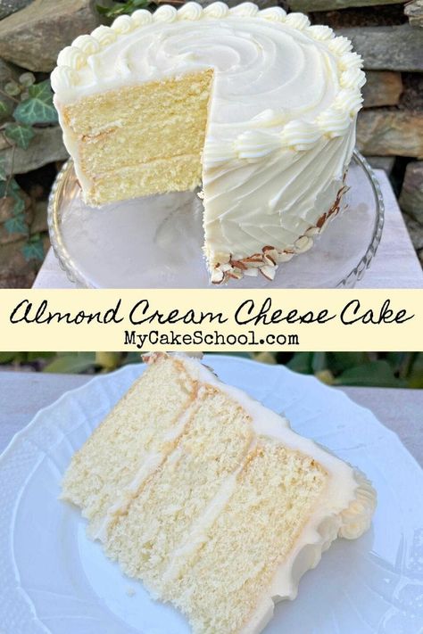 Sweet Almond Cake, My Cake School Recipes, Cream Cheese Layer Cake, Almond Cream Cake, Almond Cream Cheese, 2 Layer Cake, My Cake School, Frosting Recipes Easy, Almond Cake Recipe