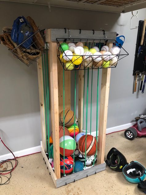 Ball Holder In Garage, Ball Garage Storage, Shed Toy Storage Ideas, Garage Ball Holder, Football Storage Ideas, Sports Storage Ideas, Sports Ball Storage, Kids Shed, Basketball Storage