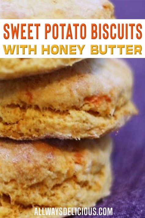 Sweet potato biscuits make a delicious post-Thanksgiving breakfast tradition, especially if you've got way too many cooked sweet potatoes left over from the night before. It doesn't matter how your potatoes were originally prepared, but roasted sweet potatoes will probably yield a more flavorful biscuit than boiled. | All Ways Delicious @allwaysdelicious #sweetpotatobiscuits #honeybutter #biscuitrecipes #fallbaking #thanksgivingbiscuits #thanksgivingrecipes #allwaysdelicious Chicken Thoughts, Tender Scones, Biscuits With Honey, Cooked Sweet Potatoes, Hanukkah Recipes, Potato Biscuits, Honey Butter Recipe, Thanksgiving Breakfast, Sweet Potato Biscuits