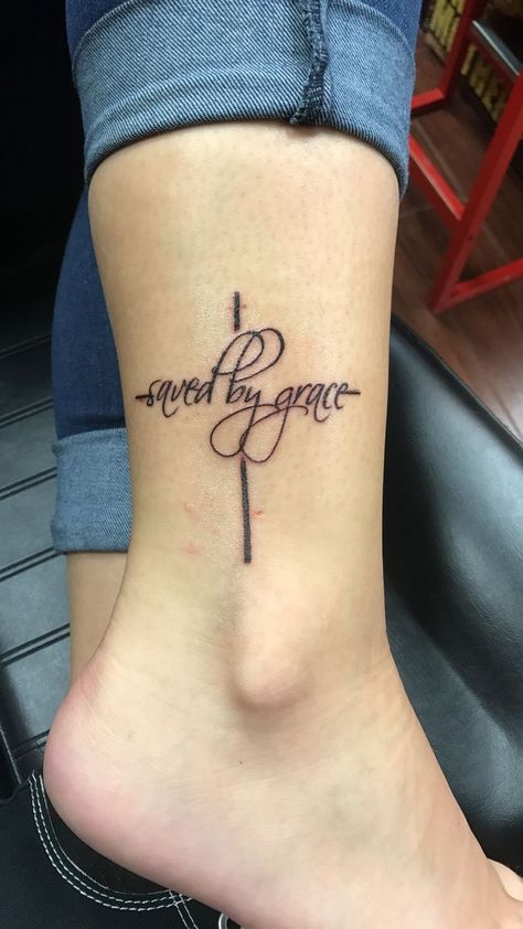 Faith Ankle Tattoos For Women, He Walks With Me Tattoo With Cross, Saved By Grace Tattoos For Women, Butterful Tattoo, Baptism Tattoo Ideas, Cross With Butterfly Tattoo, Cross Butterfly Tattoo, Grace Tattoo Ideas, Beautiful Small Tattoos For Women