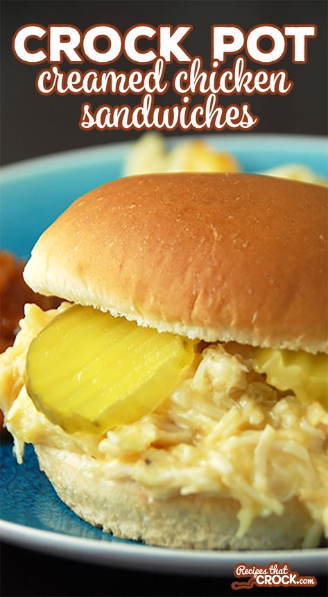 Feeding a crowd? Looking for an easy recipe? This Crock Pot Creamed Chicken Sandwich is a snap to throw together and makes around two dozen sandwiches! This classic old fashioned recipe is always a favorite! Creamed Chicken Sandwiches, Cream Chicken Sandwich, Crock Pot Sandwiches, Creamed Chicken, Shredded Chicken Sandwiches, Braised Chicken Breast, Chicken Sandwich Recipe, Hot Chicken Sandwiches, Classic Old Fashioned