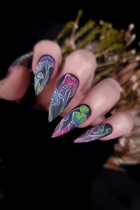 We used neon pigments to get the perfect ombre effect in these trippy mushroom nails. 🍄🫠🌈 Neon Mushroom Nails, Mushroom Acrylic Nails, Trippy Mushroom Nails, Shroom Nails, Trippy Nail Designs, Mushroom Nail Designs, Trippy Nail Art, Mushroom Nail Art, Trippy Nails