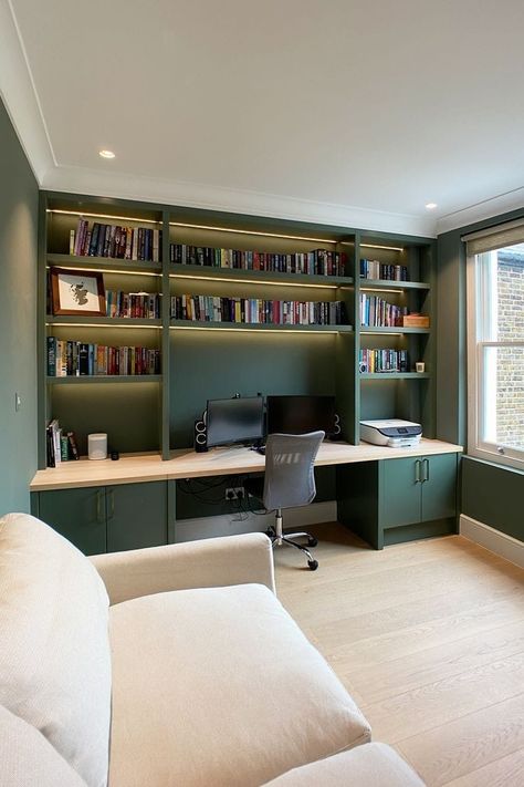 Study room decor Green Home Offices, Office Design Concepts, Home Study Rooms, Modern Home Offices, Study Room Design, Small Home Offices, Muebles Living, Home Library Design, Study Room Decor