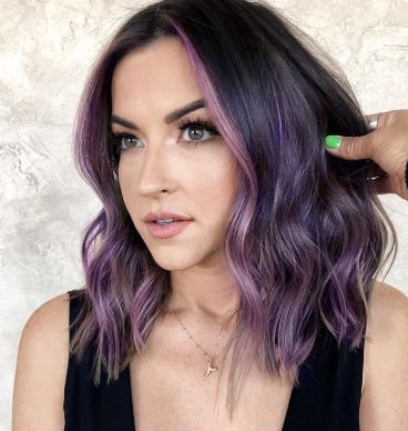 Dark Purple Hair With Lavender Highlights, Dark Short Hair With Purple Highlights, Brunette Hair With Vivid Colors, Purple Highlights In Brown Hair Short, Purple In Dark Brown Hair, Purple Ombre Highlights, Brunette With Purple Balayage, Colored Hair For Dark Hair, Purple Hair Color Ideas For Brunettes Short Hair