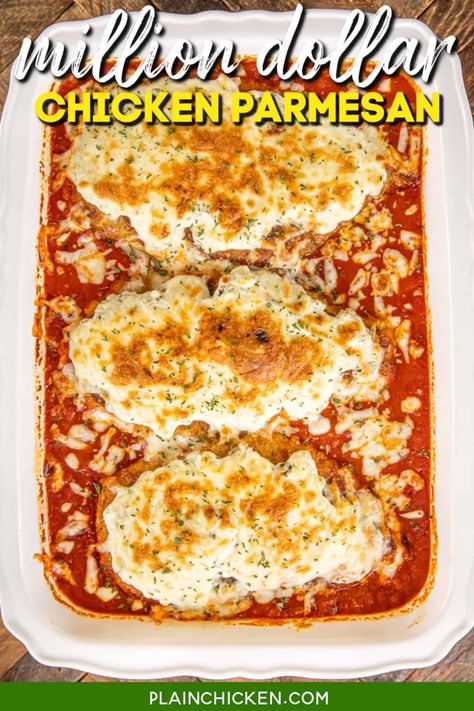 Million Dollar Chicken Parmesan - the ultimate chicken parmesan! Crispy chicken topped with a creamy cheese mixture and baked in marinara sauce. Serve the chicken over pasta for a meal that is better than any restaurant. Spaghetti sauce, flour, eggs, panko, Italian bread crumbs, parmesan, garlic salt, chicken, cottage cheese, cream cheese, pesto, sour cream, mozzarella. All you need is a salad and some garlic bread for a meal the whole family will enjoy. Chicken Spaghetti With Bread Crumbs, Baked Italian Chicken Smothered In Parmesan Sour Cream, Recipes With Fresh Parmesan Cheese, Cottage Cheese Chicken Parm, Chicken Over Pasta, Cottage Cheese Cream Cheese, Chicken Cottage Cheese, Chicken Parma, Plain Chicken Recipe