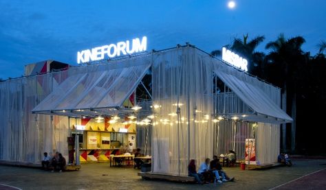 Kineforum Misbar open-air cinema, Jakarta Kaira Looro, Cinema Architecture, Temporary Architecture, Open Air Cinema, Temporary Structures, Diagram Architecture, Scaffolding, Staircase Design, Public Spaces