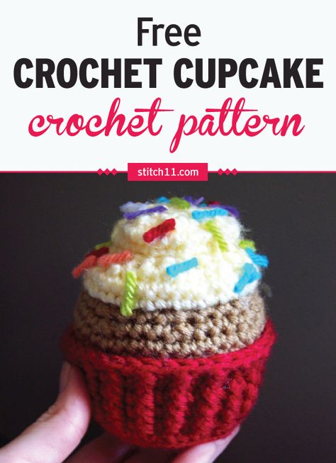 This Crochet Toy Cupcake can be a nice alternative to the usual plastic or rubber toys. It's soft and less of a danger to young kids who like to throw things around. #crochet #crochetlove #crochetlife #crochetaddict #crochetpattern #crochetinspiration #ilovecrochet #crochetgifts #crochet365 #addictedtocrochet #yarnaddict #yarnlove Dessert Crochet Pattern Free, Crochet Desserts, Cupcake Crochet Pattern, Crochet Cupcake Pattern, Knit Cupcake, Crochet Cupcakes, Cupcake Crochet, Cupcake Toy, Cupcake Pattern