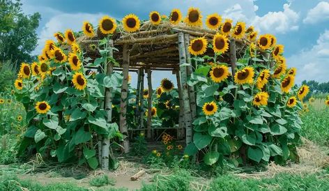 Learn how to create an enchanting sunflower fort. Follow our step-by-step guide to plan, plant, and care for your sunflower room, and enjoy a unique outdoor space. Efficient Gardening, Sunflower Circle, Tomato Suckers, Harvesting Sunflower Seeds, Mammoth Sunflower, Mallow Plant, Potato Tower, Sunflower Room, Unique Outdoor Spaces