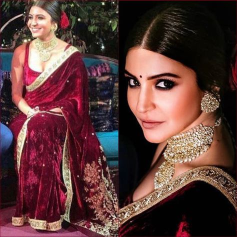 Anushka Sharma in Sabyasachi Deepika In Sabyasachi Saree, Deepika In Sabyasachi, Anushka Sharma Velvet Saree, Anushka Sharma Saree, Sabyasachi Lehenga 2022, Sabyasachi 2022, Velvet Saree, Maroon Saree, Bridal Jewellery Design