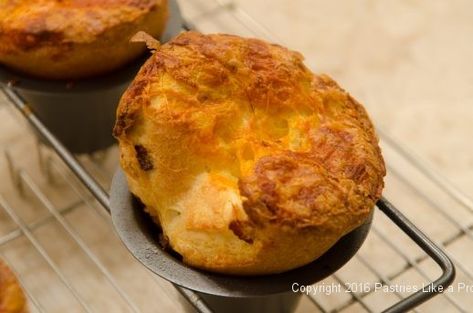 A perfectly baked popover for the Bacon and Cheese Popovers Cheese Popovers, Recipes With Cheese, Popover Pan, Popover Recipe, Cream Biscuits, Yorkshire Pudding, Baking Pastry, Bacon Cheddar, Bacon Cheese