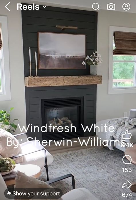 Sw Windfresh White, Windfresh White, Sw Iron Ore, Fireplace Painted, Diy Mantel, Shiplap Boards, Mission Accomplished, Iron Ore, Simply White