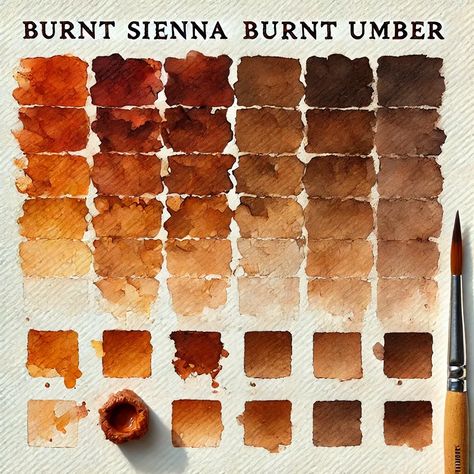 Comparison of Burnt Sienna and Burnt Umber watercolor swatches side by side, showing tonal differences. Easy Reference, Easy Doodle, Burnt Sienna, Burnt Umber, Easy Doodle Art, Colour Chart, Watercolor Palette, Simple Doodles, Painting Tips