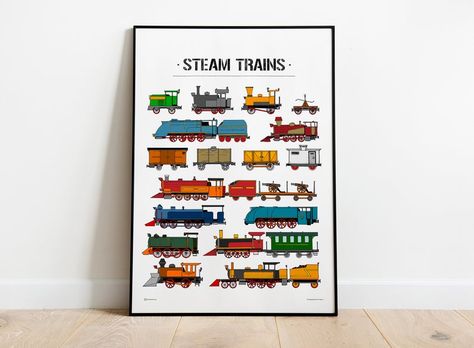 Steam Train Print Train Trains Train Nursery Decor Decor | Etsy Train Nursery, Construction Nursery, Toddler Boy Room Decor, Train Posters, Transportation Poster, Train Gifts, Rail Transport, Toddler Boys Room, Farm Decor