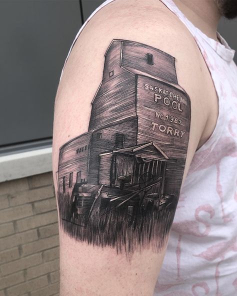 Grain elevator as a start to this sleeve by Lee ( @tattoosbylee ) . . . #saskatchewan #sask #farming #farms #sk #grainelevator… Grain Elevator Tattoo, Saskatchewan Tattoo, Elevator Tattoo, Mountain Tattoo, Tattoos For Men, Rocky Mountain, Tattoo Shop, Rocky Mountains, Girly Things