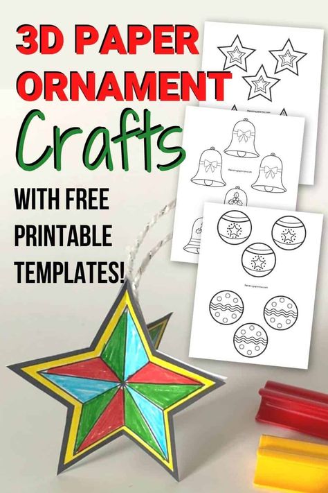 These easy homemade Christmas ornaments are so adorable, and you only need a few supplies to make them! Let your kids make these cute 3D paper Christmas ornaments to hang on the tree, or to give as a sweet gift to their teachers. Grab the free printable Christmas ornament templates to make these easy kids Christmas crafts now! 3d Paper Christmas Ornaments, Paper Ornaments Diy, Printable Christmas Ornaments, Printable Christmas Decorations, Christmas Ornament Template, Kids Christmas Crafts Easy, Christmas Art Projects, Easy Christmas Ornaments, Paper Christmas Ornaments