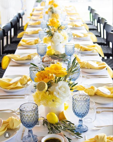 Yellow Wedding Ideas, Italian Bridal Showers, Blue And Yellow Wedding, Lemon Themed Party, Lemon Themed Bridal Shower, Wedding Color Scheme, Italian Party, Cascading Wedding Bouquets, Prop Hire