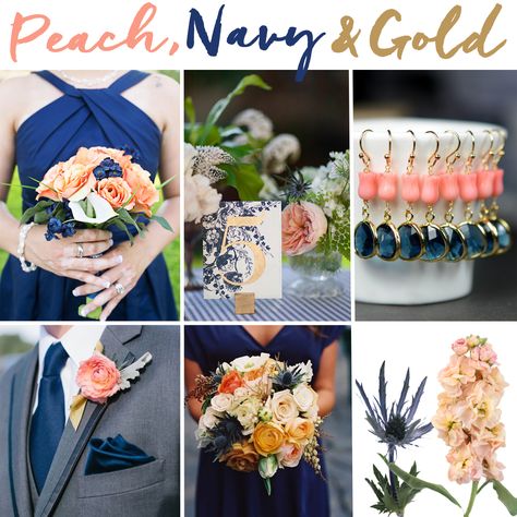 Blue Peach And Gold Wedding, Navy Peach Wedding, Peach And Gold Wedding, Navy Gold Wedding, Navy Blue And Gold Wedding, Indian Wedding Receptions, African Bridesmaid Dresses, Wedding Color Palettes, Peach And Gold