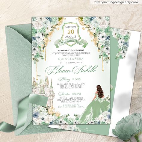 Mint Green Princess Quinceanera Invitation, Seafoam Green Fairytale Quinceañera, Light Green & Gold Princess Luxury Castle Quinceanera  V6 Luxury Castle, Invitations Quinceanera, Green Princess, Quinceanera Invitation, Us Holidays, Quinceanera Invitations, Royal Princess, Colored Envelopes, Editable Invitations