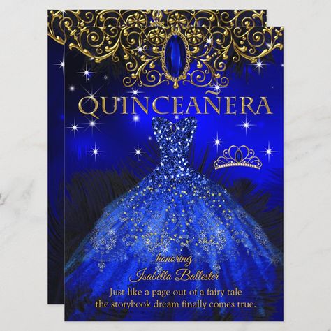 Quinceanera Birthday Royal Blue Feather Tiara Gold Invitation | #tiara #dress #princessbirthdayparty #quinceanera #15thbirthdayparty #15th #princessquinceanera #gold #feathers #royalblue Quinceñera Invitations, Royal Blue Quinceanera, Tiara Gold, Princess Birthday Invitations, 21st Birthday Invitations, Sweet Sixteen Invitations, 40th Birthday Invitations, Quinceanera Party, Bachelorette Party Invitations