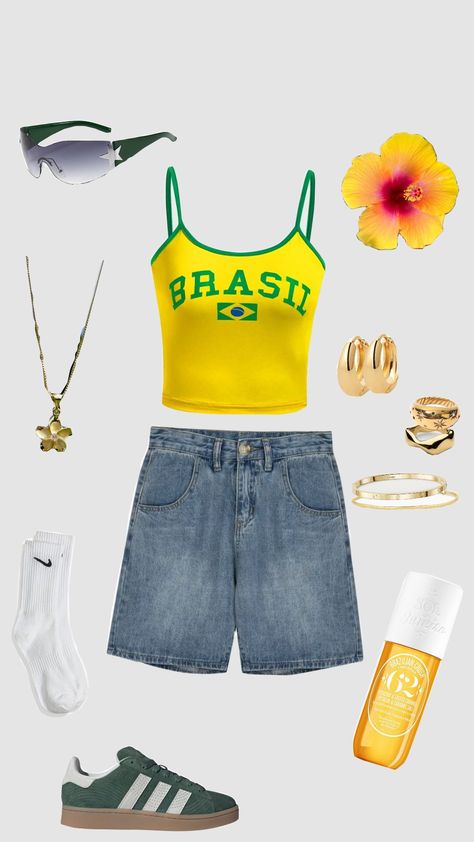 fit tags🏷️ #outfit #shufflefyp #fyp #pinterest #yellow #brasil #brazil #streetwear Brazil Party Outfit, Brazil Aesthetic Outfits, Brazil Clothing Aesthetic, Brazil Shirt Outfit, Brazil Streetwear, Brazil Outfit Ideas, Brazil Tank Top Aesthetic, Brazil Outfits, Brazil Shirt Outfit Girl