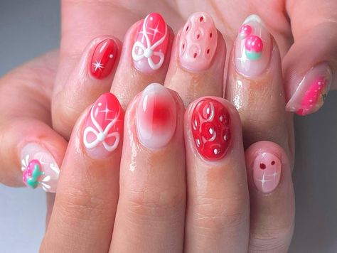 Greetings and welcome to my store. Hope you find a style you like. I only work with high-quality materials to create sturdy & long-lasting luxury press on nails that you can trust on. My nails will last for: 1- 2 days using adhesive tab (provided with the nail set) 2- 3 weeks using nail glue. You can reuse all of the nails multiple times if you take  💮 𝐒𝐢𝐳𝐞: Please follow the instruction size measurement. You can customize all the size you want ,please send your size or style all you want , Strawberry Gel Nails, Short 3d Nails, Fun French Nails, Pink Strawberry Nails, Strawberry Shortcake Nails, Acrylic Nails 3d, Painted Acrylic Nails, Nails Short Almond, Strawberry Nails