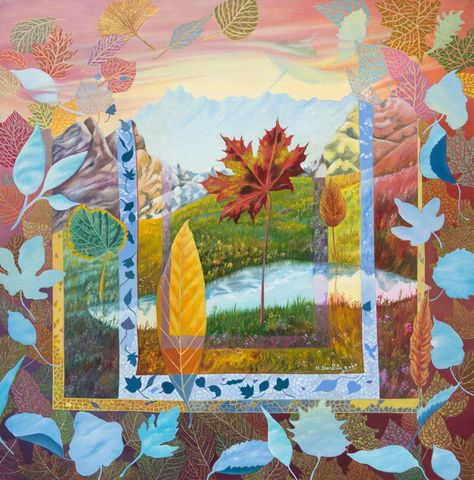 Henriette Gorbitz - "Blue Skies in Leaves", Surrealist Landscape Naive Primitive Acrylic Painting For Sale at 1stdibs Surrealist Landscape, Cirrus Cloud, Flower Landscape, Purple Sky, Canvas Acrylic, Sunset Sky, Blue Skies, Graphic Arts, Painting Canvas